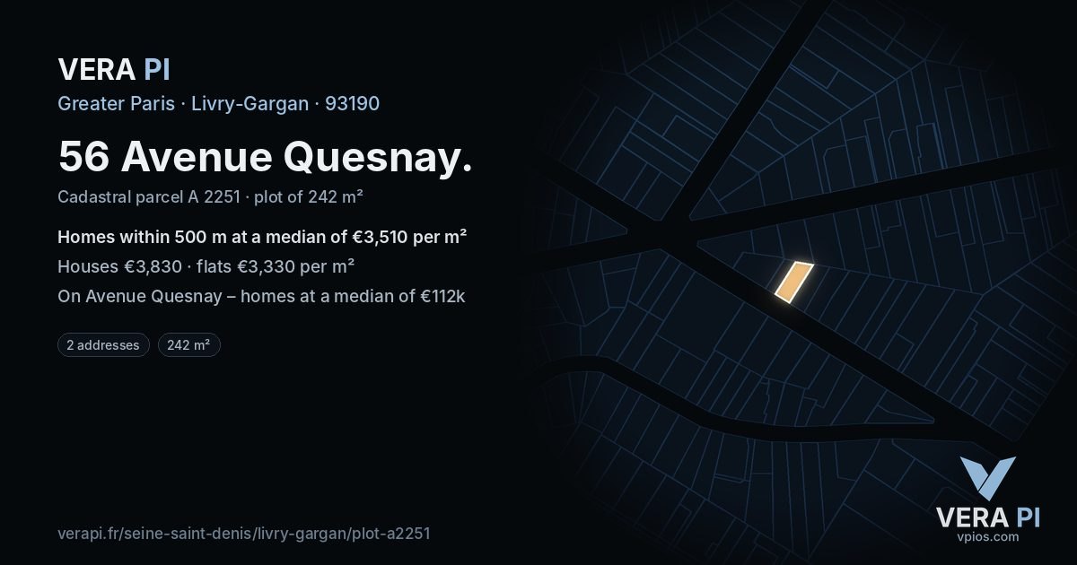 56 Avenue Quesnay, Livry-Gargan at night – the plot lit, the parcels around coloured by the prices near them