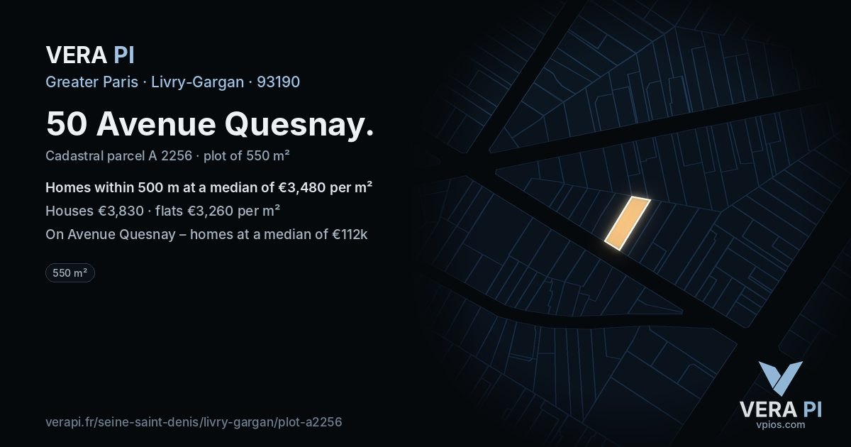 50 Avenue Quesnay, Livry-Gargan at night – the plot lit, the parcels around coloured by the prices near them