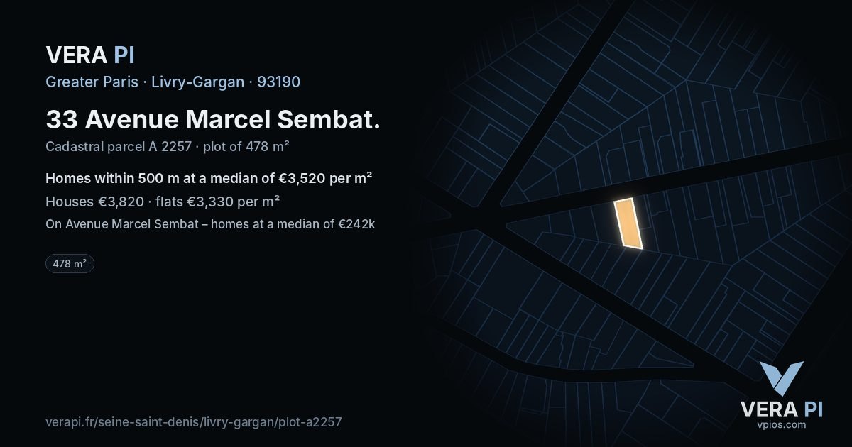 33 Avenue Marcel Sembat, Livry-Gargan at night – the plot lit, the parcels around coloured by the prices near them