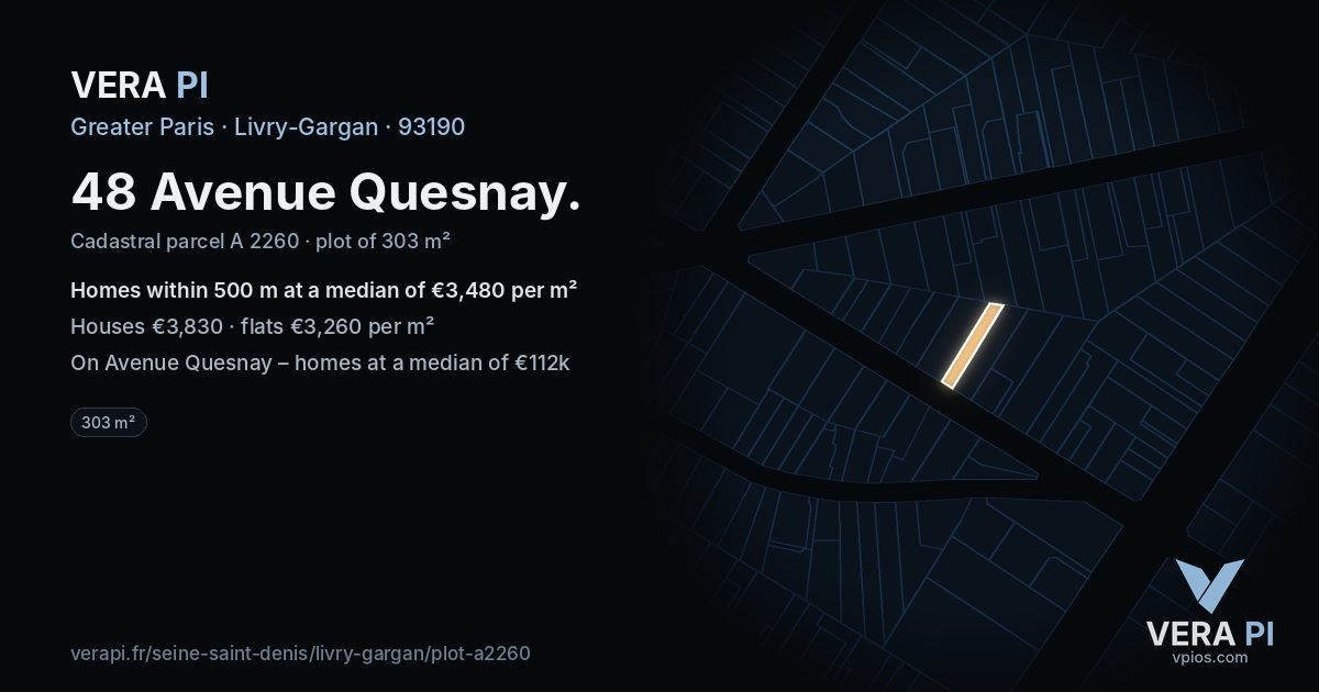 48 Avenue Quesnay, Livry-Gargan at night – the plot lit, the parcels around coloured by the prices near them