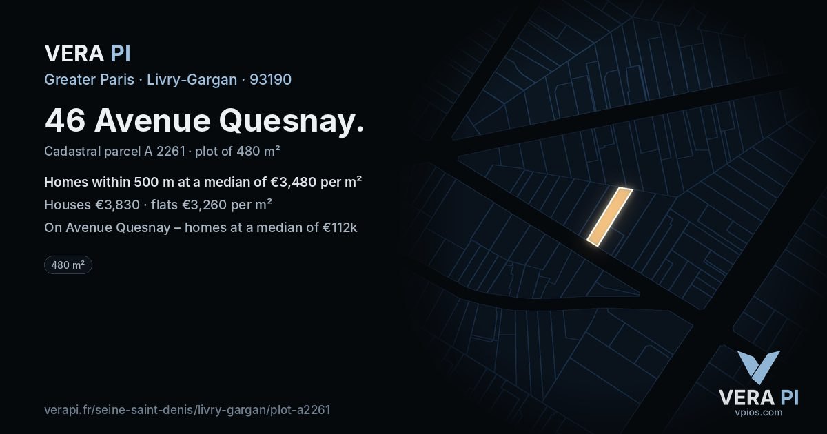 46 Avenue Quesnay, Livry-Gargan at night – the plot lit, the parcels around coloured by the prices near them