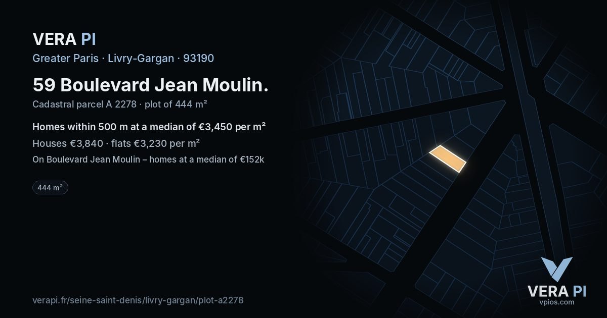 59 Boulevard Jean Moulin, Livry-Gargan at night – the plot lit, the parcels around coloured by the prices near them