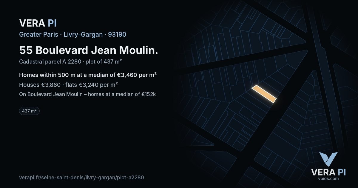 55 Boulevard Jean Moulin, Livry-Gargan at night – the plot lit, the parcels around coloured by the prices near them