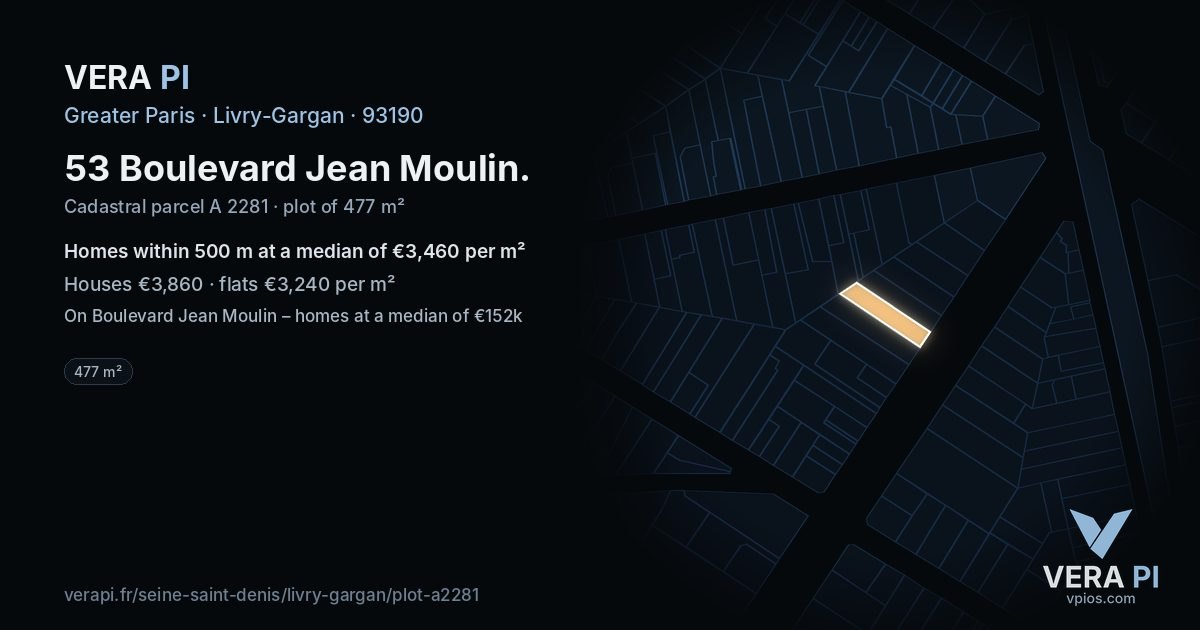 53 Boulevard Jean Moulin, Livry-Gargan at night – the plot lit, the parcels around coloured by the prices near them