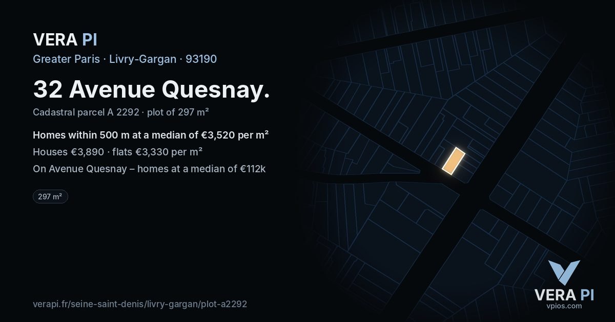 32 Avenue Quesnay, Livry-Gargan at night – the plot lit, the parcels around coloured by the prices near them