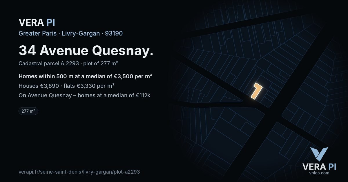34 Avenue Quesnay, Livry-Gargan at night – the plot lit, the parcels around coloured by the prices near them