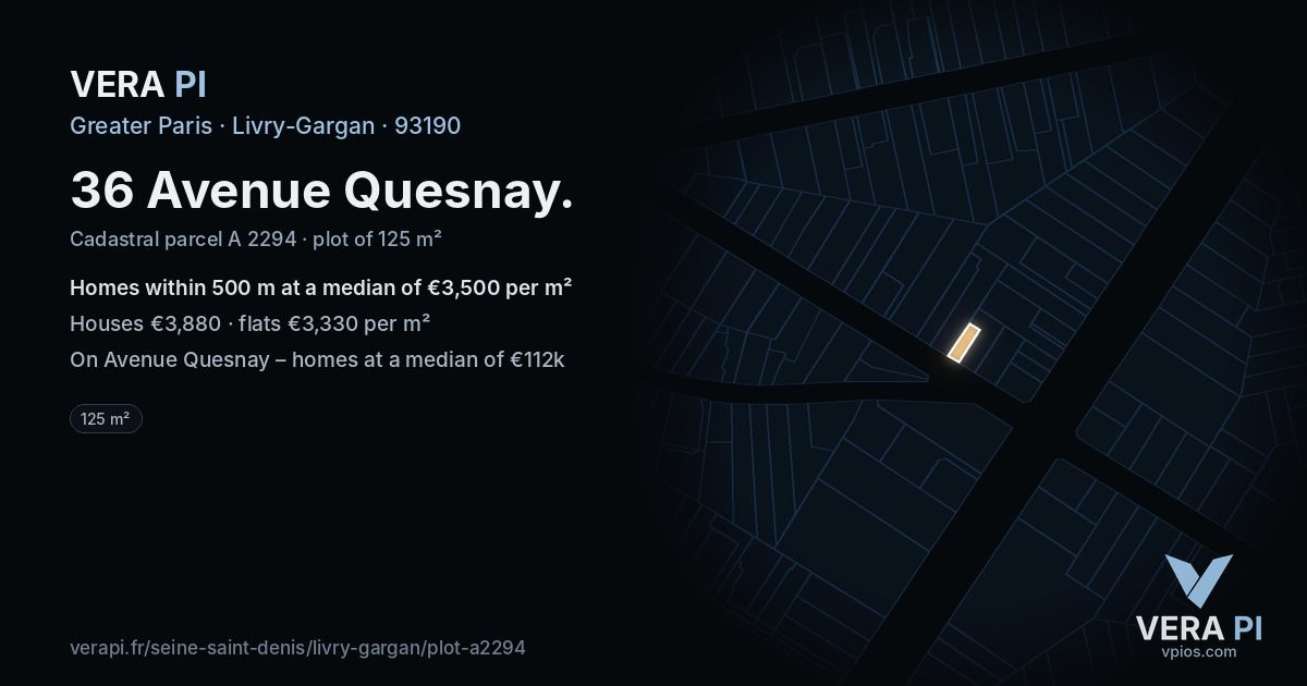 36 Avenue Quesnay, Livry-Gargan at night – the plot lit, the parcels around coloured by the prices near them