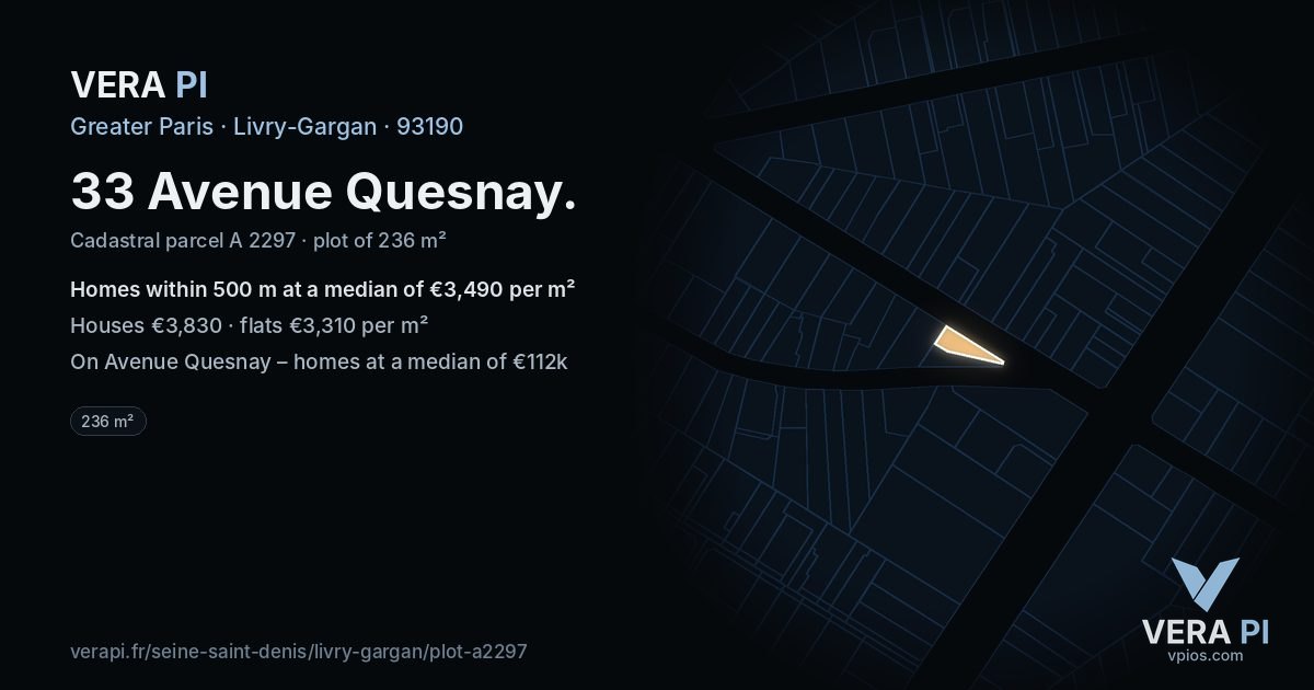 33 Avenue Quesnay, Livry-Gargan at night – the plot lit, the parcels around coloured by the prices near them