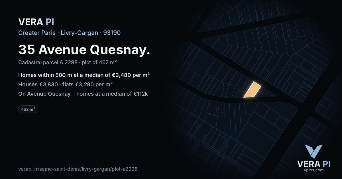 35 Avenue Quesnay, Livry-Gargan at night – the plot lit, the parcels around coloured by the prices near them