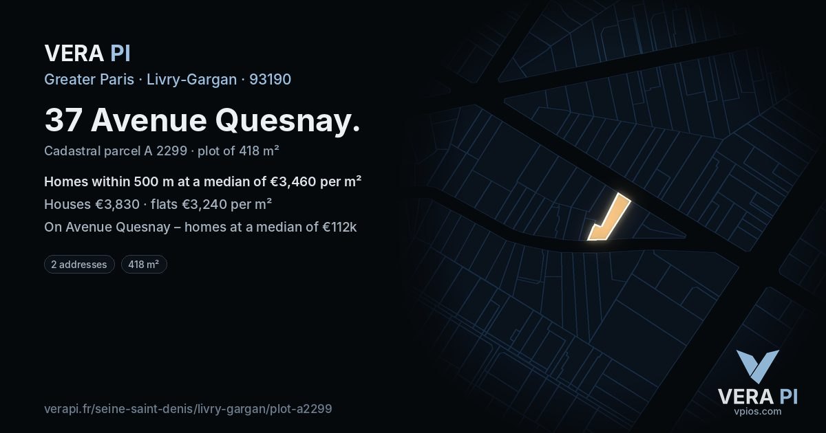 37 Avenue Quesnay, Livry-Gargan at night – the plot lit, the parcels around coloured by the prices near them