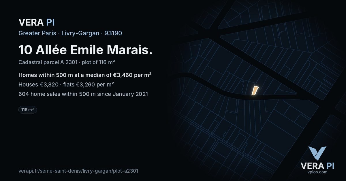 10 Allée Emile Marais, Livry-Gargan at night – the plot lit, the parcels around coloured by the prices near them