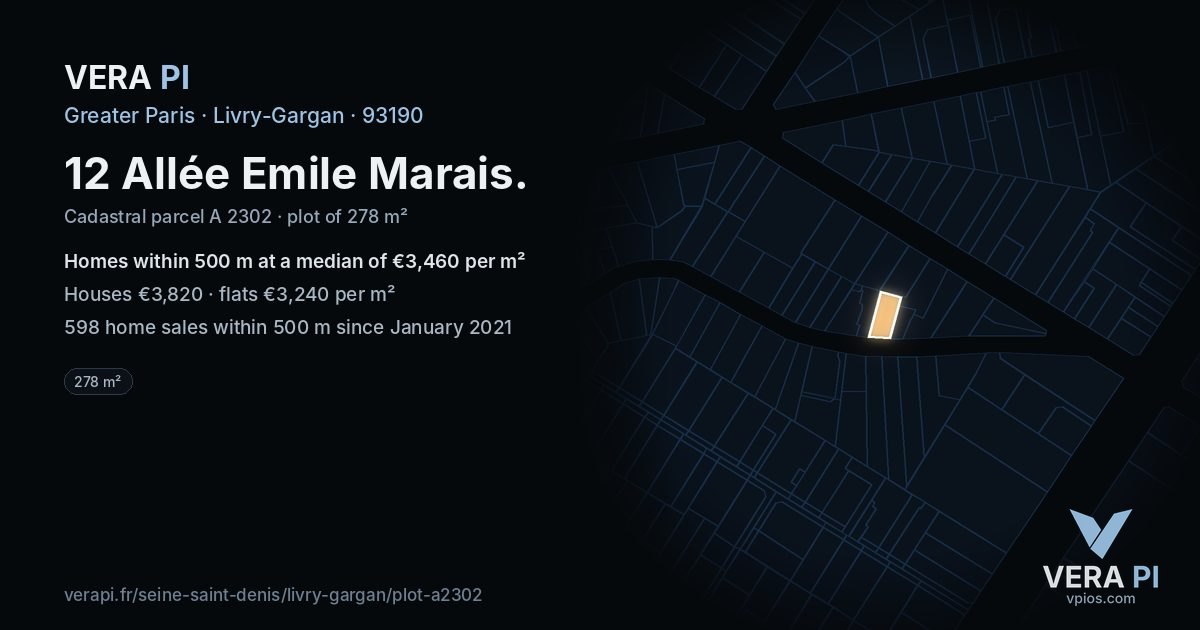 12 Allée Emile Marais, Livry-Gargan at night – the plot lit, the parcels around coloured by the prices near them
