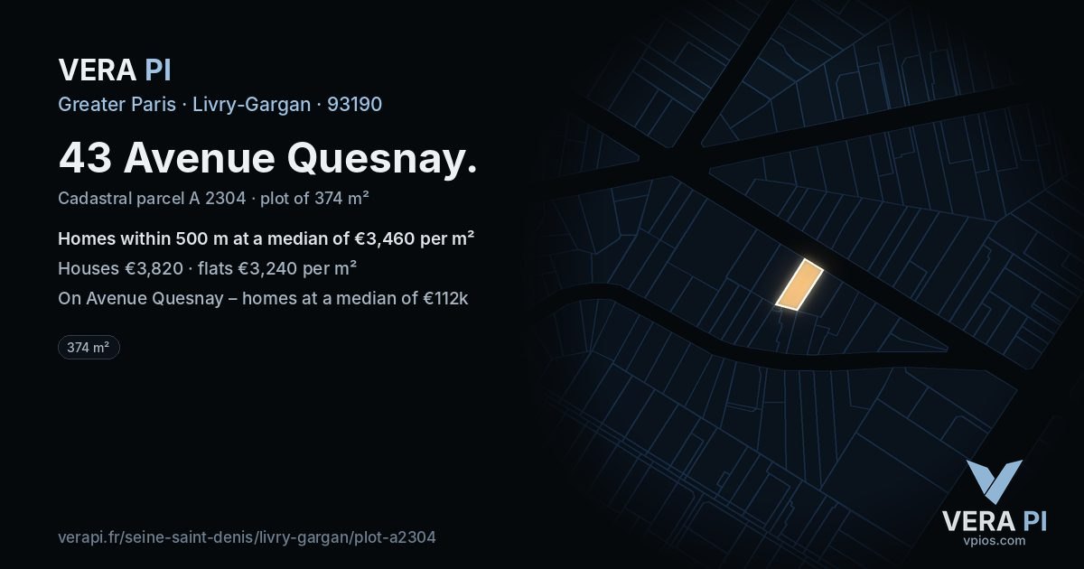 43 Avenue Quesnay, Livry-Gargan at night – the plot lit, the parcels around coloured by the prices near them