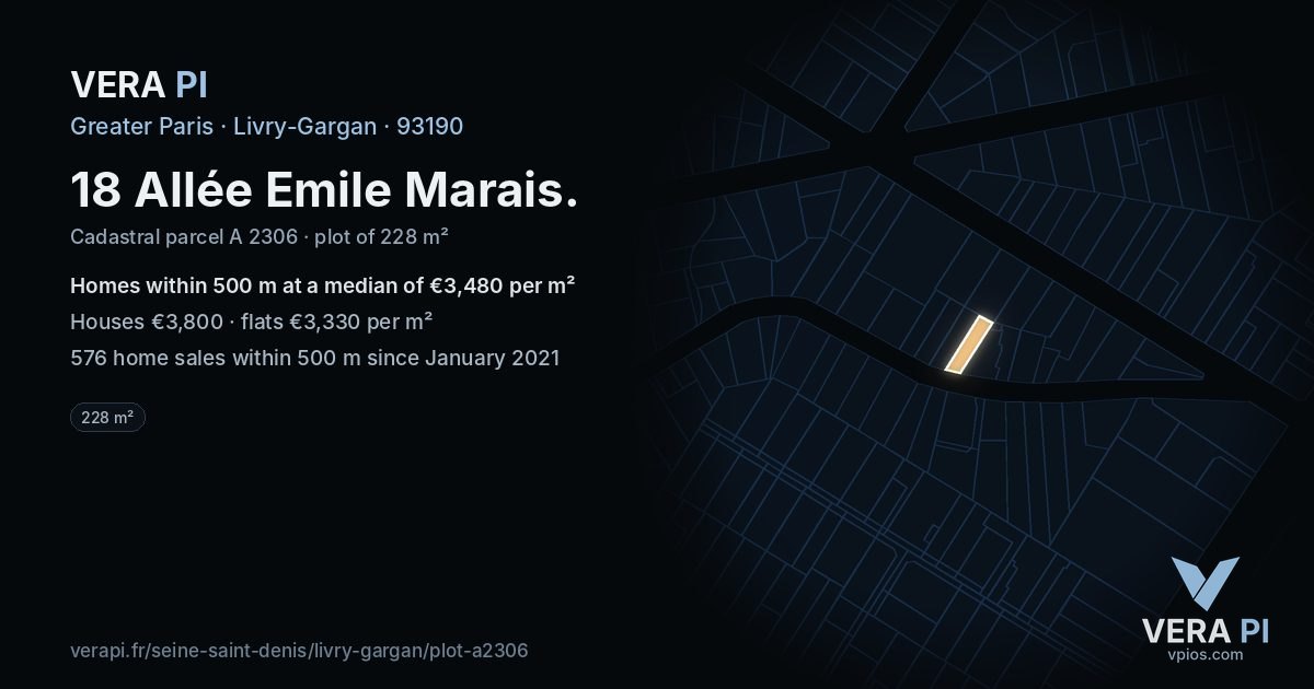 18 Allée Emile Marais, Livry-Gargan at night – the plot lit, the parcels around coloured by the prices near them