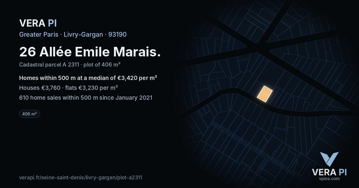 26 Allée Emile Marais, Livry-Gargan at night – the plot lit, the parcels around coloured by the prices near them