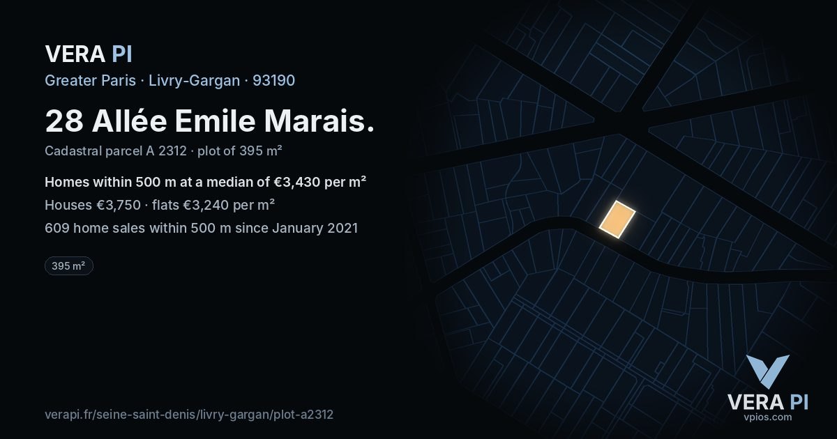 28 Allée Emile Marais, Livry-Gargan at night – the plot lit, the parcels around coloured by the prices near them