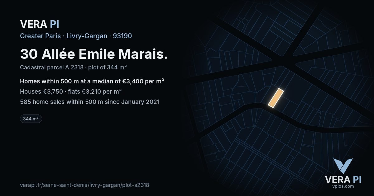 30 Allée Emile Marais, Livry-Gargan at night – the plot lit, the parcels around coloured by the prices near them