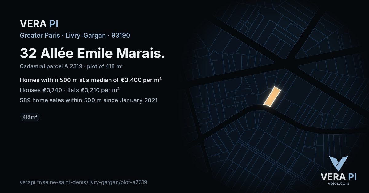 32 Allée Emile Marais, Livry-Gargan at night – the plot lit, the parcels around coloured by the prices near them