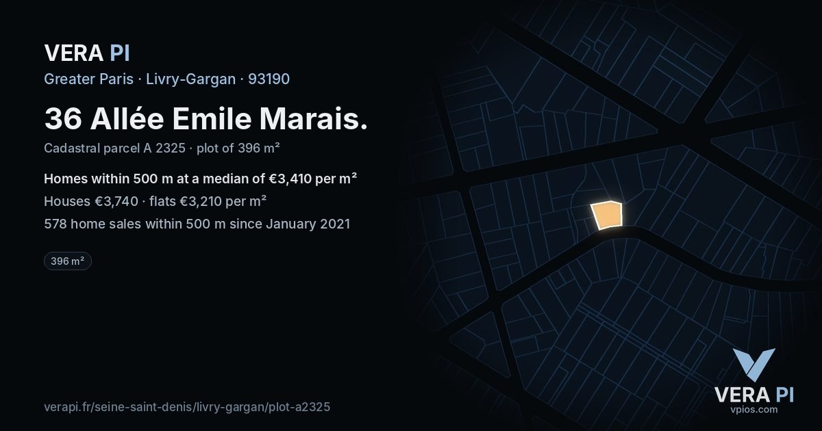 36 Allée Emile Marais, Livry-Gargan at night – the plot lit, the parcels around coloured by the prices near them