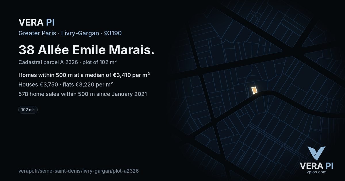 38 Allée Emile Marais, Livry-Gargan at night – the plot lit, the parcels around coloured by the prices near them