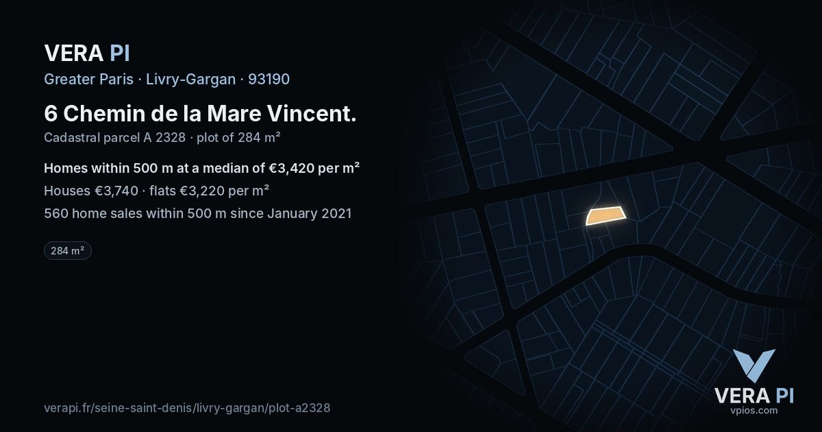 6 Chemin de la Mare Vincent, Livry-Gargan at night – the plot lit, the parcels around coloured by the prices near them