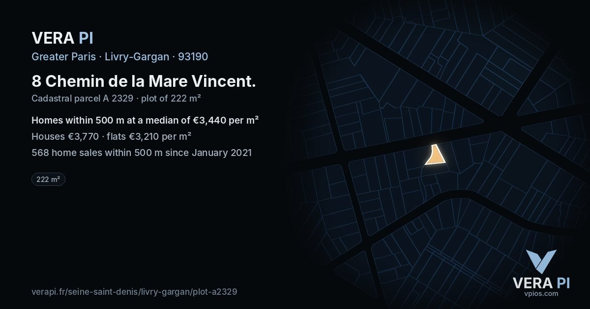 8 Chemin de la Mare Vincent, Livry-Gargan at night – the plot lit, the parcels around coloured by the prices near them