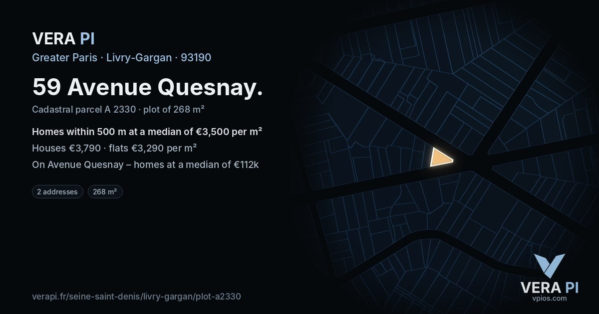 59 Avenue Quesnay, Livry-Gargan at night – the plot lit, the parcels around coloured by the prices near them