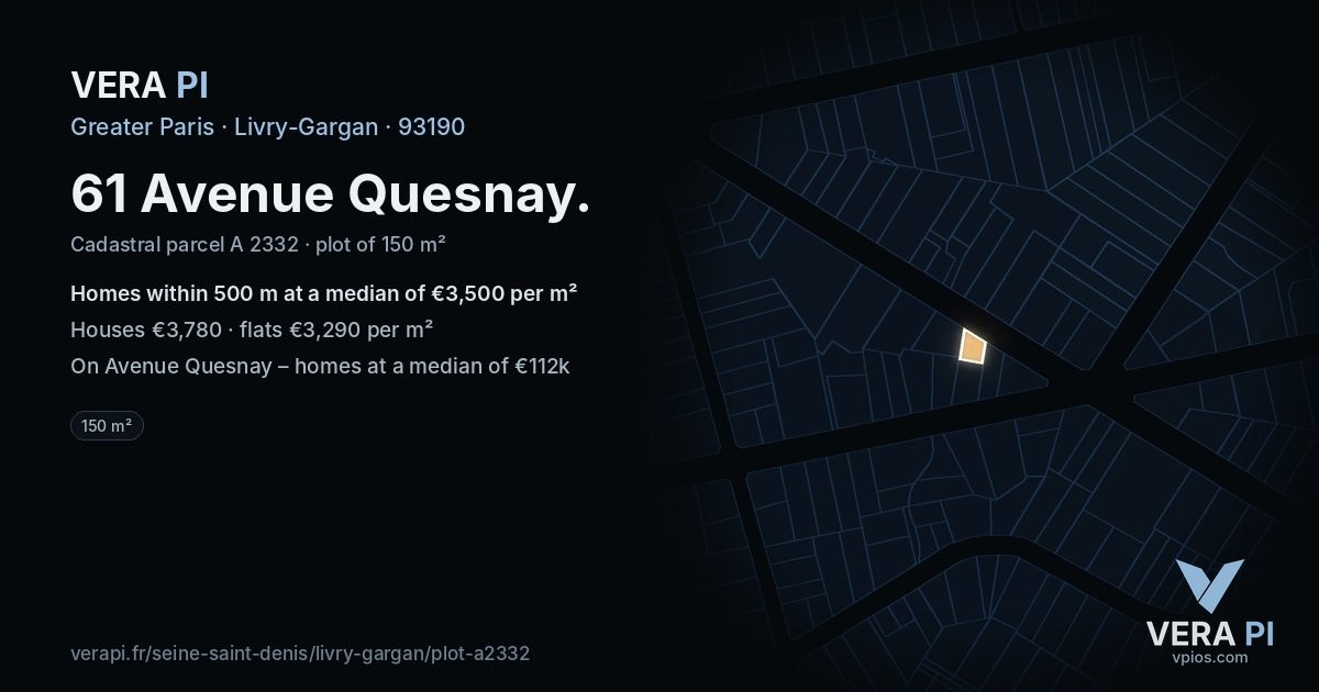 61 Avenue Quesnay, Livry-Gargan at night – the plot lit, the parcels around coloured by the prices near them