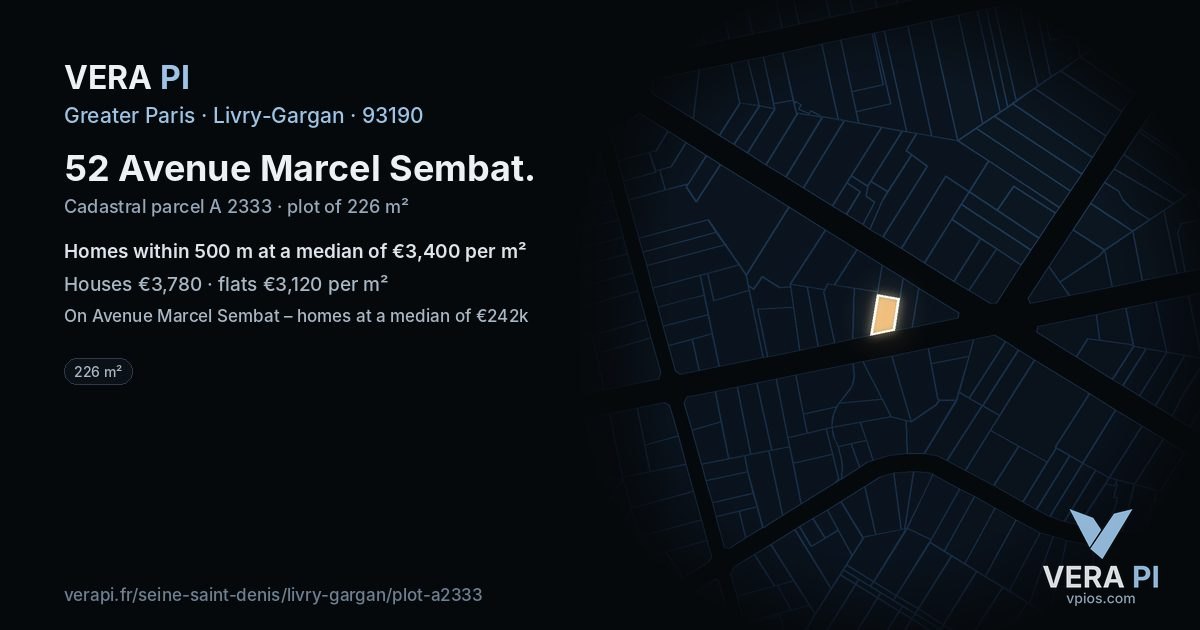 52 Avenue Marcel Sembat, Livry-Gargan at night – the plot lit, the parcels around coloured by the prices near them