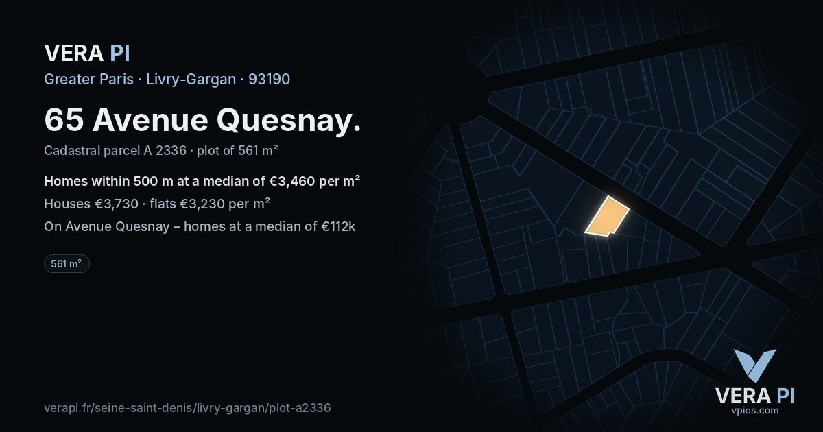 65 Avenue Quesnay, Livry-Gargan at night – the plot lit, the parcels around coloured by the prices near them
