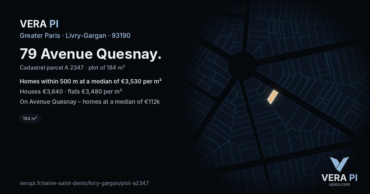 79 Avenue Quesnay, Livry-Gargan at night – the plot lit, the parcels around coloured by the prices near them