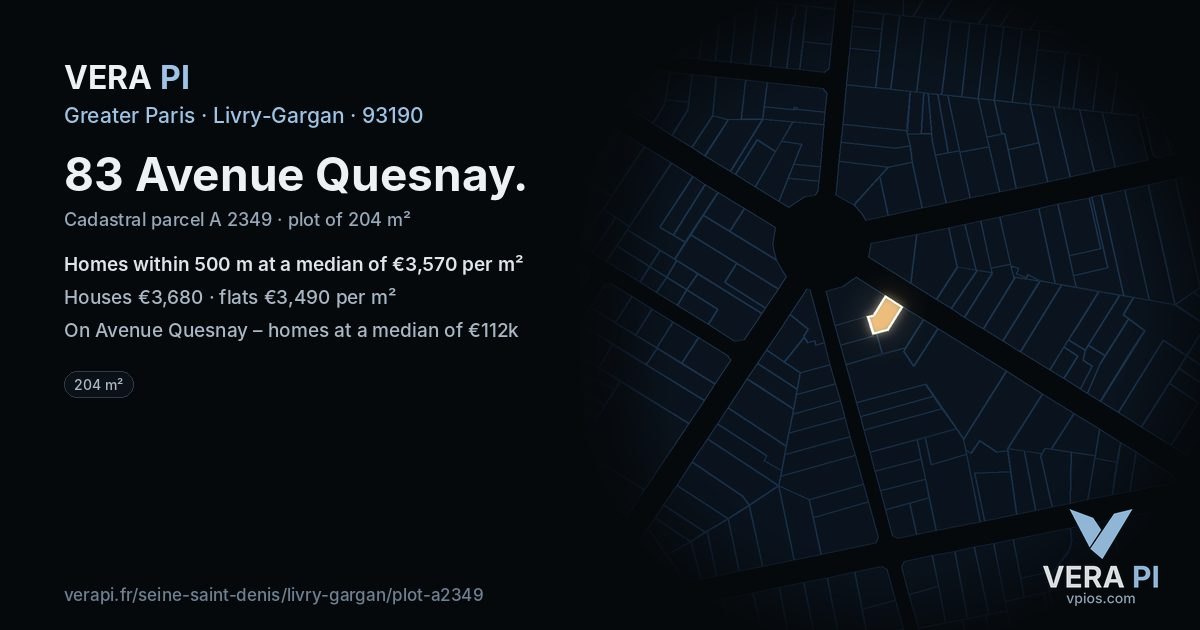 83 Avenue Quesnay, Livry-Gargan at night – the plot lit, the parcels around coloured by the prices near them