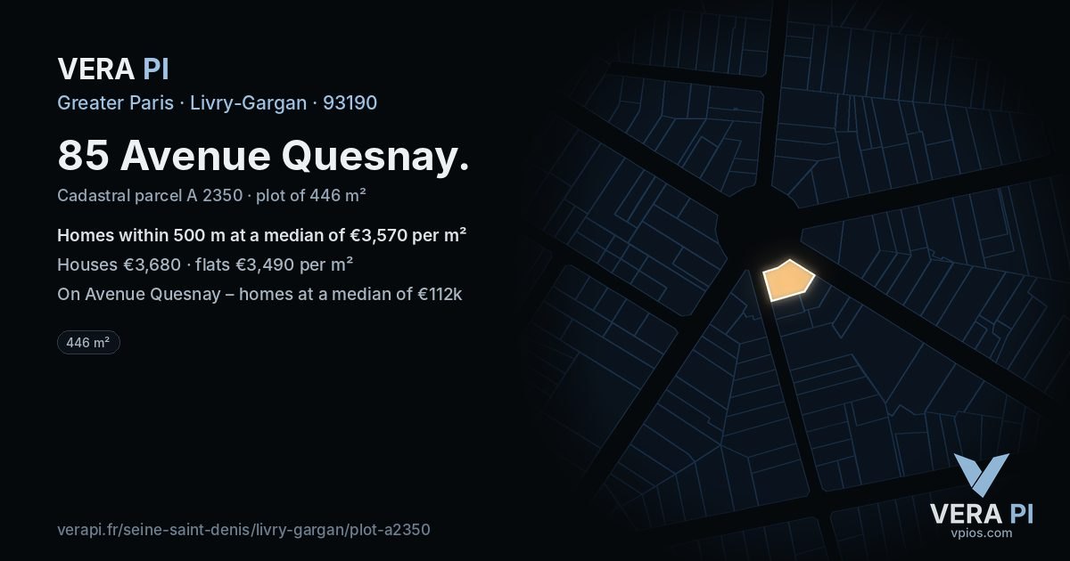 85 Avenue Quesnay, Livry-Gargan at night – the plot lit, the parcels around coloured by the prices near them