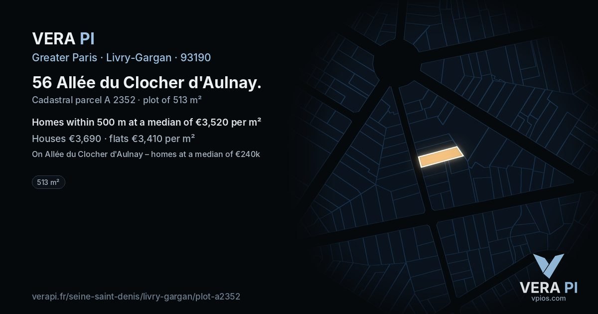 56 Allée du Clocher d'Aulnay, Livry-Gargan at night – the plot lit, the parcels around coloured by the prices near them