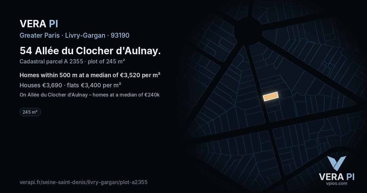 54 Allée du Clocher d'Aulnay, Livry-Gargan at night – the plot lit, the parcels around coloured by the prices near them