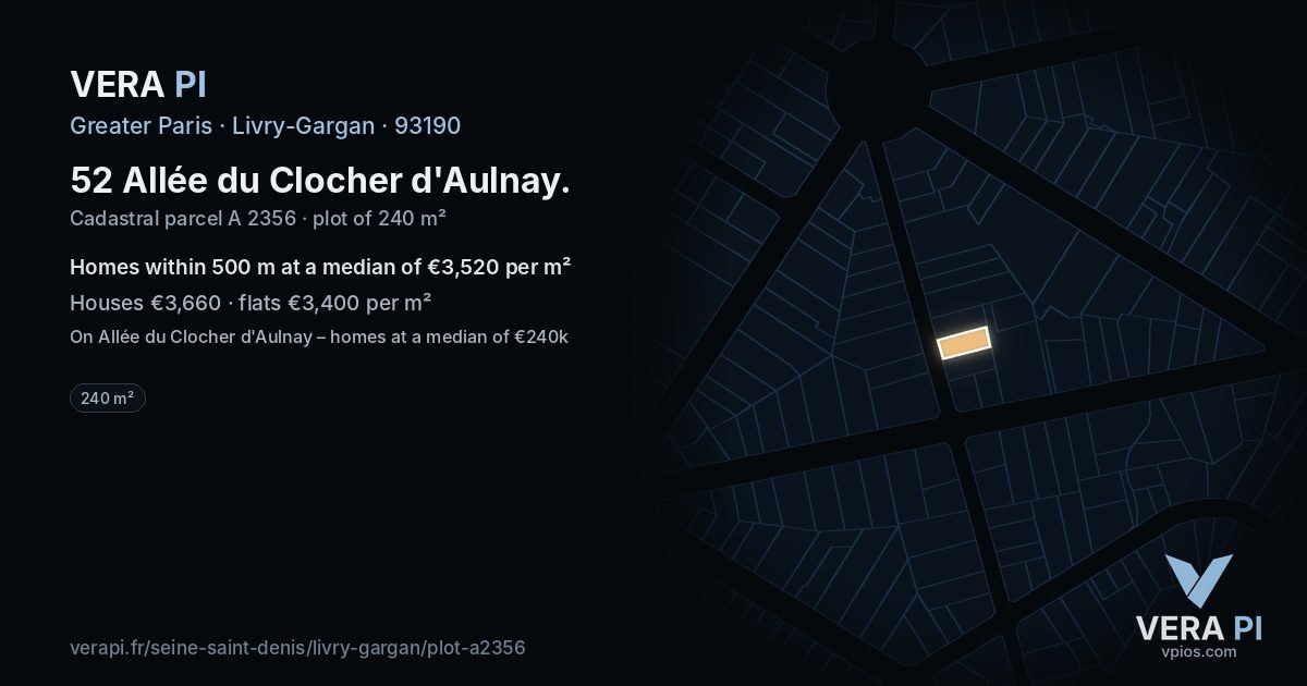 52 Allée du Clocher d'Aulnay, Livry-Gargan at night – the plot lit, the parcels around coloured by the prices near them
