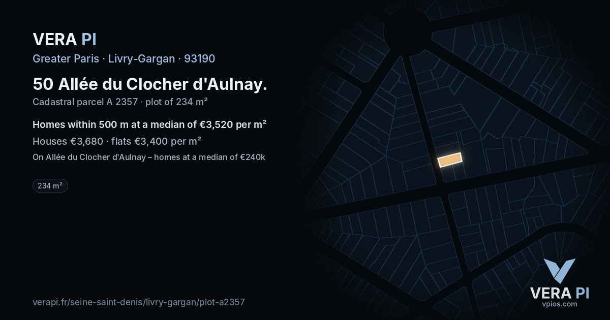 50 Allée du Clocher d'Aulnay, Livry-Gargan at night – the plot lit, the parcels around coloured by the prices near them