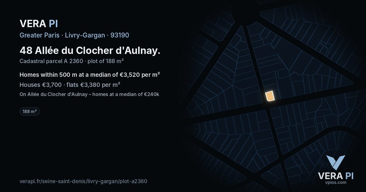48 Allée du Clocher d'Aulnay, Livry-Gargan at night – the plot lit, the parcels around coloured by the prices near them