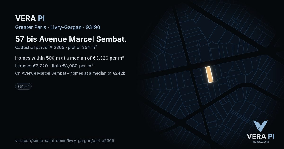 57 bis Avenue Marcel Sembat, Livry-Gargan at night – the plot lit, the parcels around coloured by the prices near them