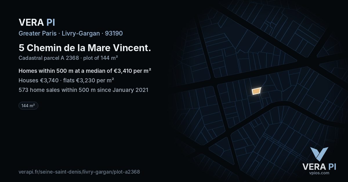 5 Chemin de la Mare Vincent, Livry-Gargan at night – the plot lit, the parcels around coloured by the prices near them