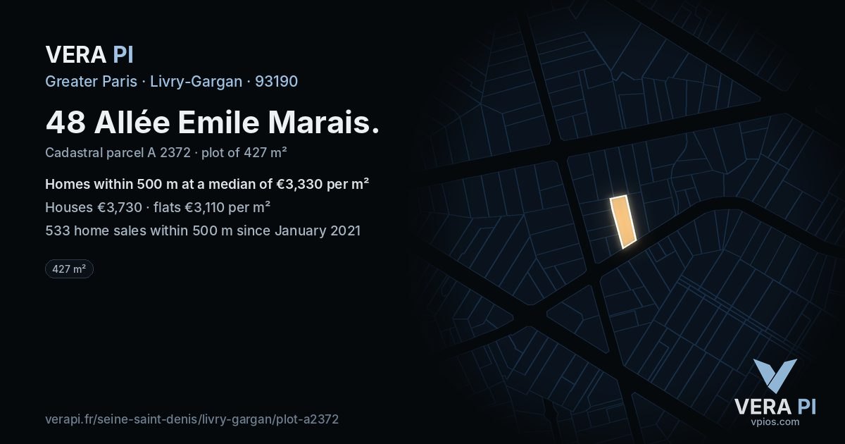 48 Allée Emile Marais, Livry-Gargan at night – the plot lit, the parcels around coloured by the prices near them