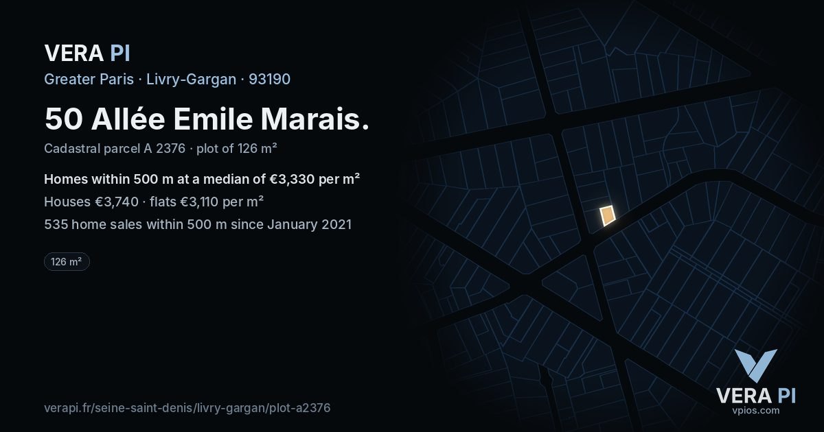 50 Allée Emile Marais, Livry-Gargan at night – the plot lit, the parcels around coloured by the prices near them