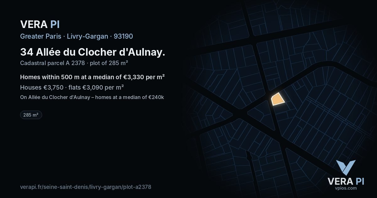 34 Allée du Clocher d'Aulnay, Livry-Gargan at night – the plot lit, the parcels around coloured by the prices near them