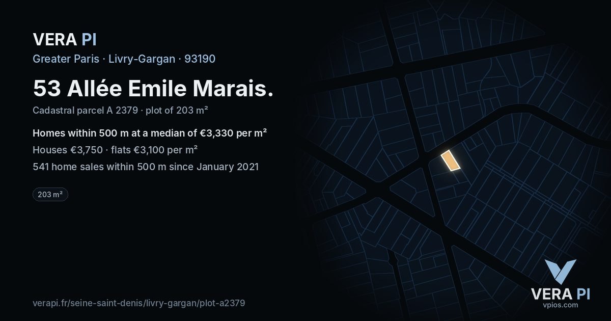 53 Allée Emile Marais, Livry-Gargan at night – the plot lit, the parcels around coloured by the prices near them