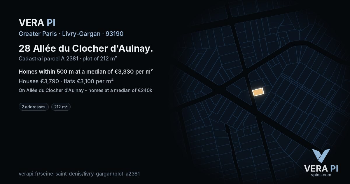 28 Allée du Clocher d'Aulnay, Livry-Gargan at night – the plot lit, the parcels around coloured by the prices near them