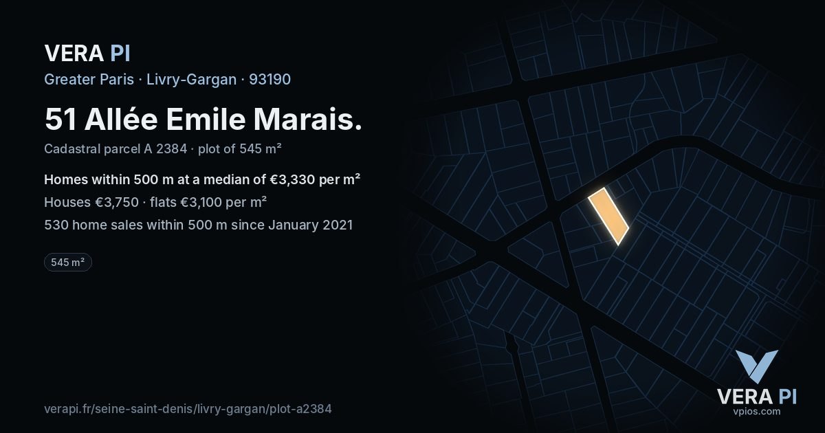 51 Allée Emile Marais, Livry-Gargan at night – the plot lit, the parcels around coloured by the prices near them