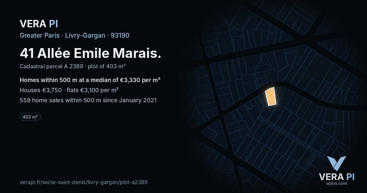 41 Allée Emile Marais, Livry-Gargan at night – the plot lit, the parcels around coloured by the prices near them