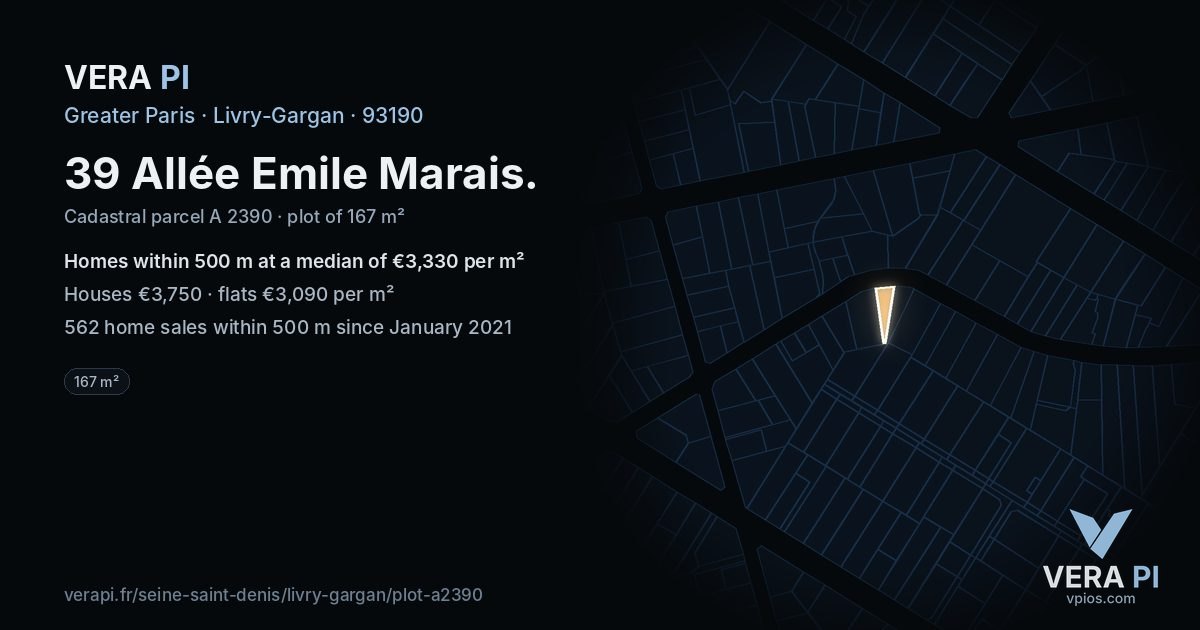 39 Allée Emile Marais, Livry-Gargan at night – the plot lit, the parcels around coloured by the prices near them