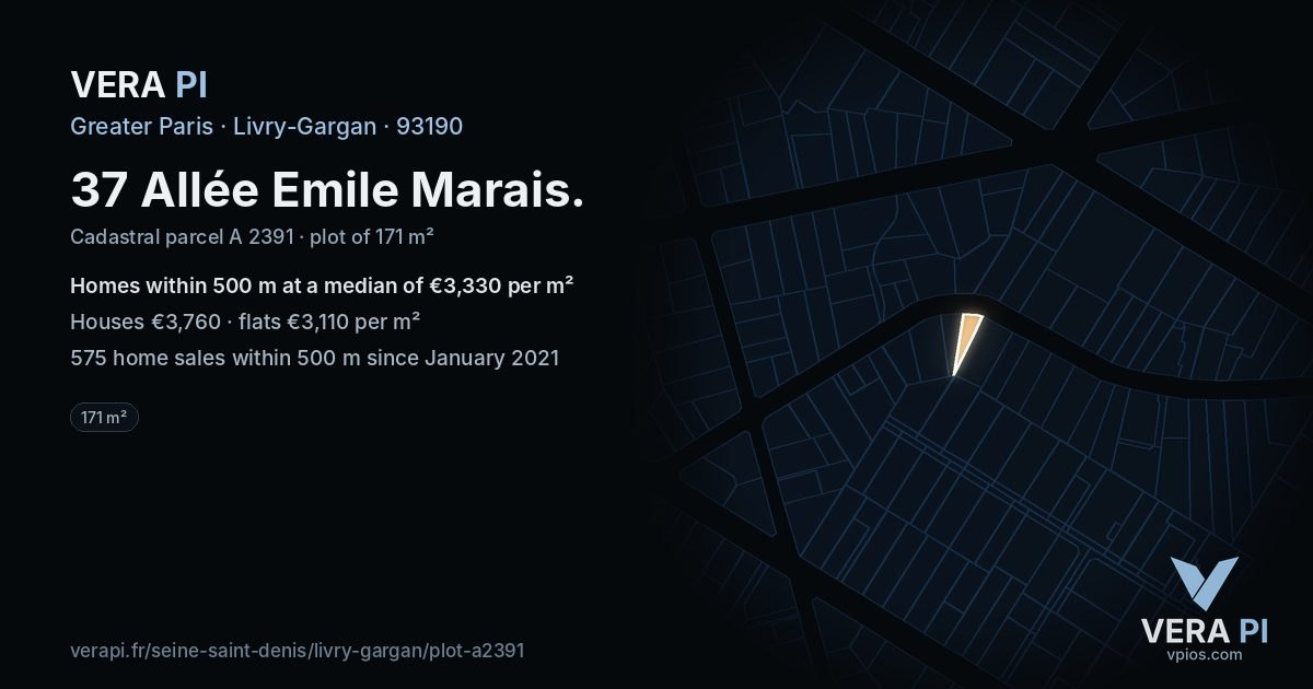 37 Allée Emile Marais, Livry-Gargan at night – the plot lit, the parcels around coloured by the prices near them