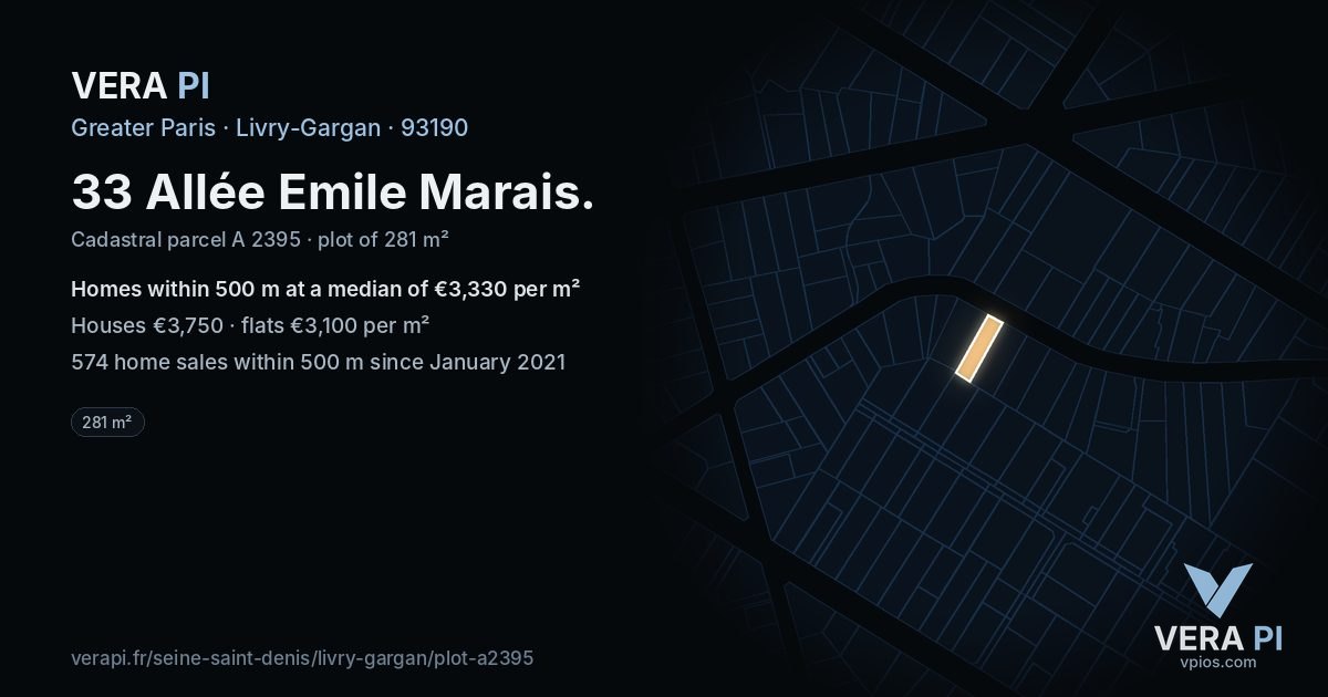 33 Allée Emile Marais, Livry-Gargan at night – the plot lit, the parcels around coloured by the prices near them